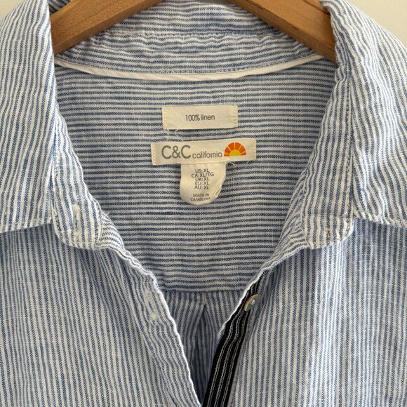 C&C CALIFORNIA Linen Long Sleeve Roll Tab Shirt Mini Dress, Blue Stripe, Size XL - Picture 2 of 4
